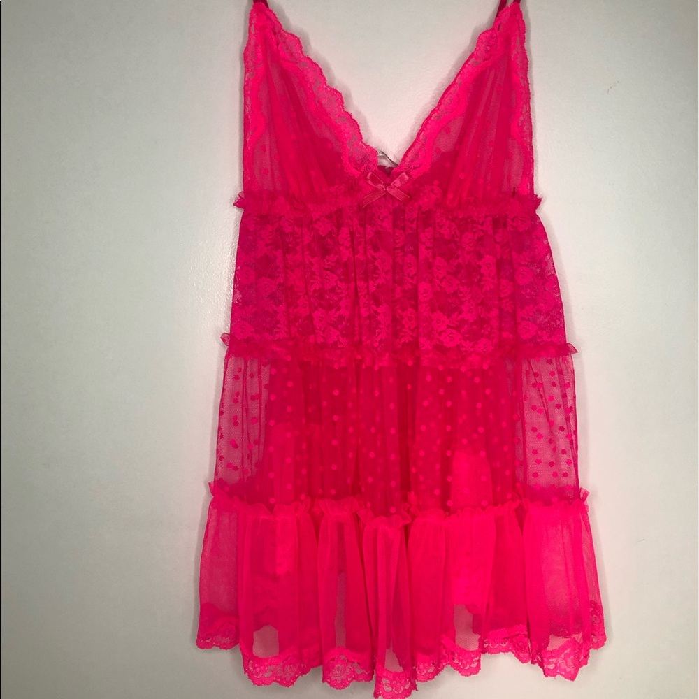 Victoria's Secret Neon Pink Teddy Nightie Lingerie Lace Mesh Crochet - Medium